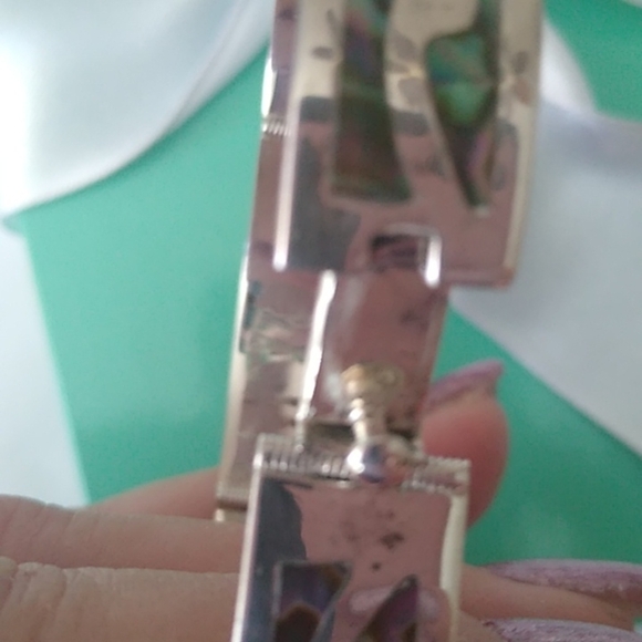 Sterling Silver 5 Panel Hinged Hecho en Mexico Abalone Inlay bracelet, 7" - Picture 5 of 8